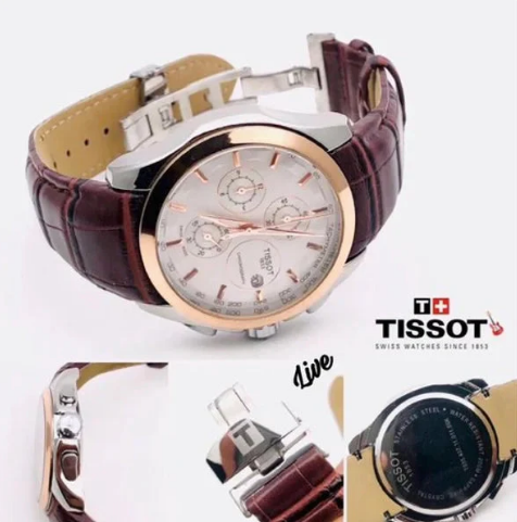 Tissot TS_384L Chronograph Brown Leather Mens Watch for Man White Date Display Best Gift for Man